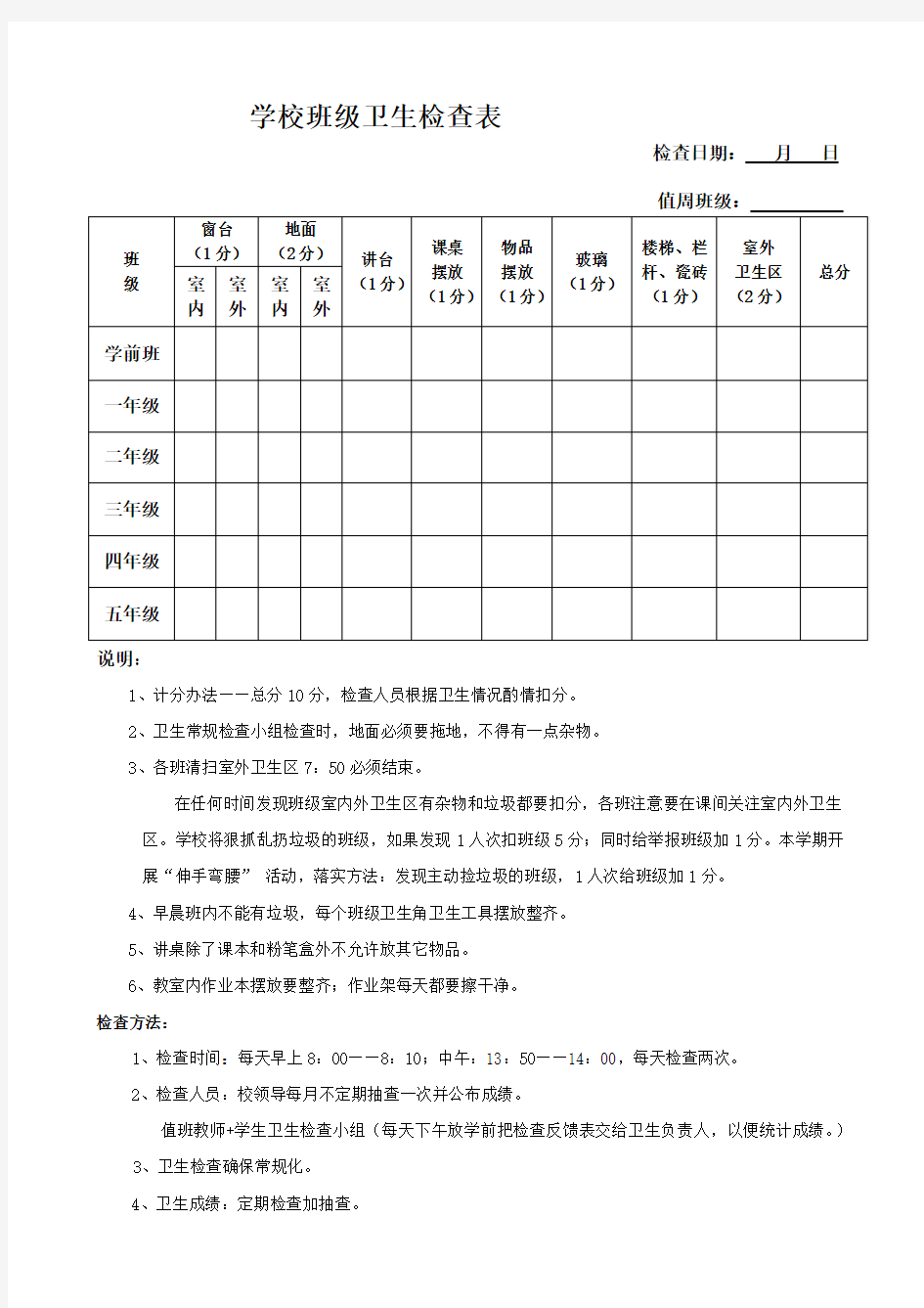 学校班级卫生检查表