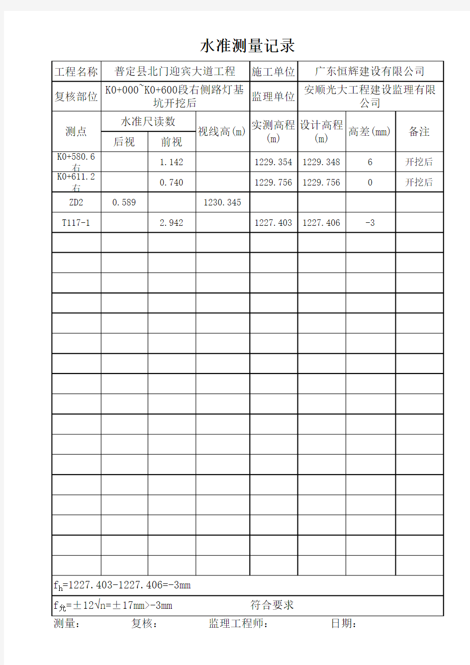 一般水准测量记录表开后