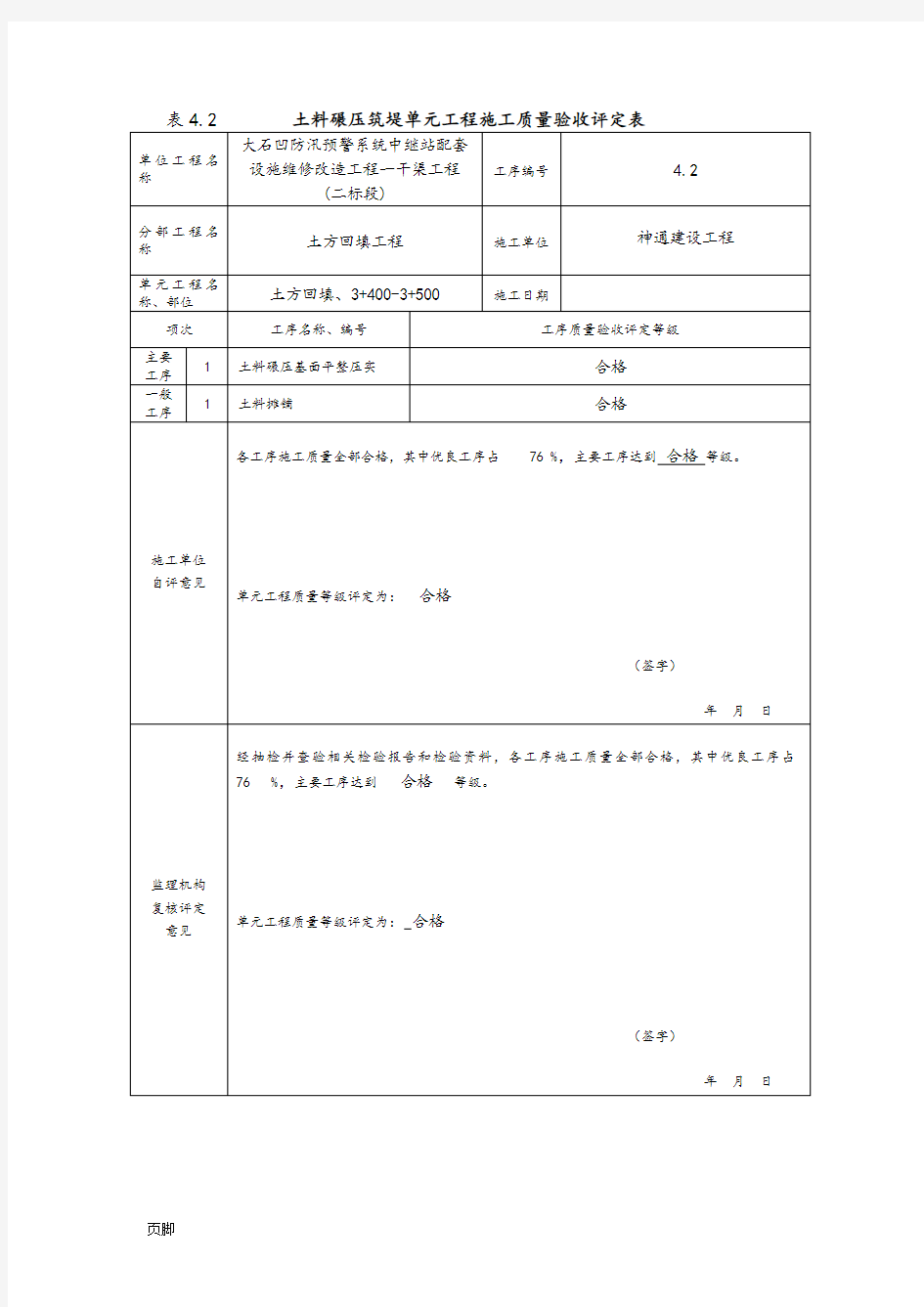 最新版水利水电工程质量评定表(渠道土方回填)填表样例