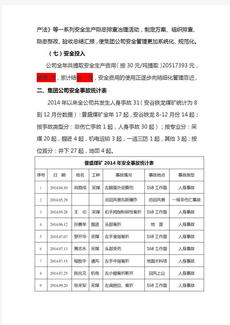永峰公司2014年度安全生产工作总结报告