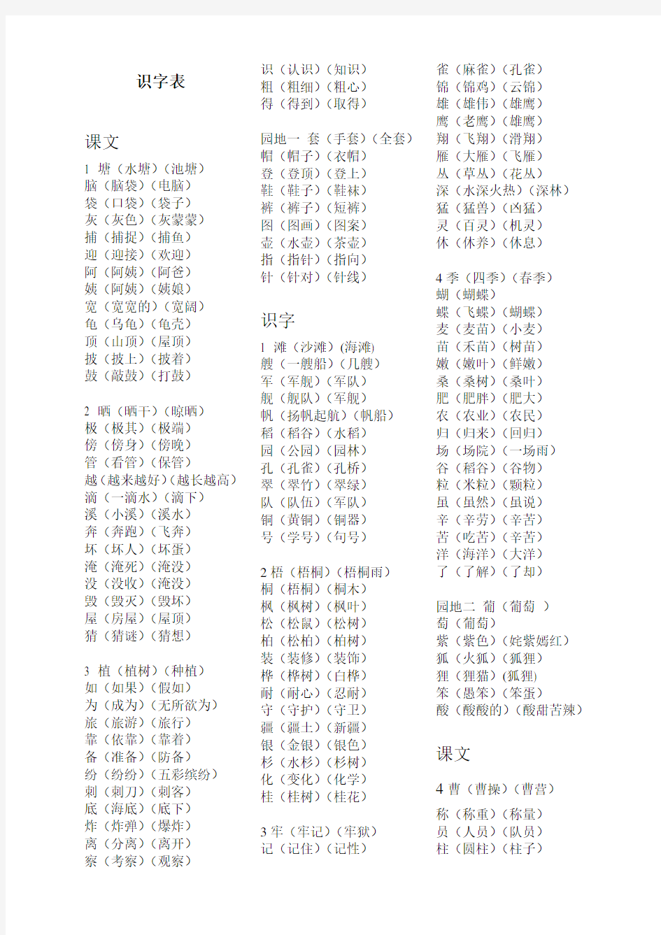 最新部编人教版二年级上册语文生字表组词