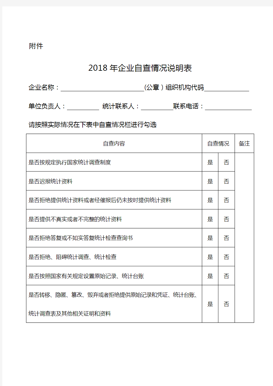 2018年企业自查情况说明表