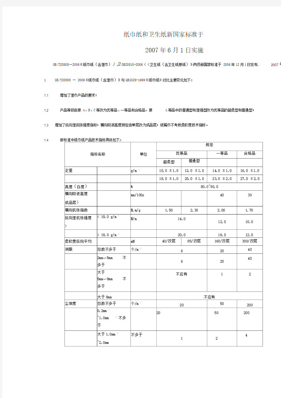 卫生纸标准