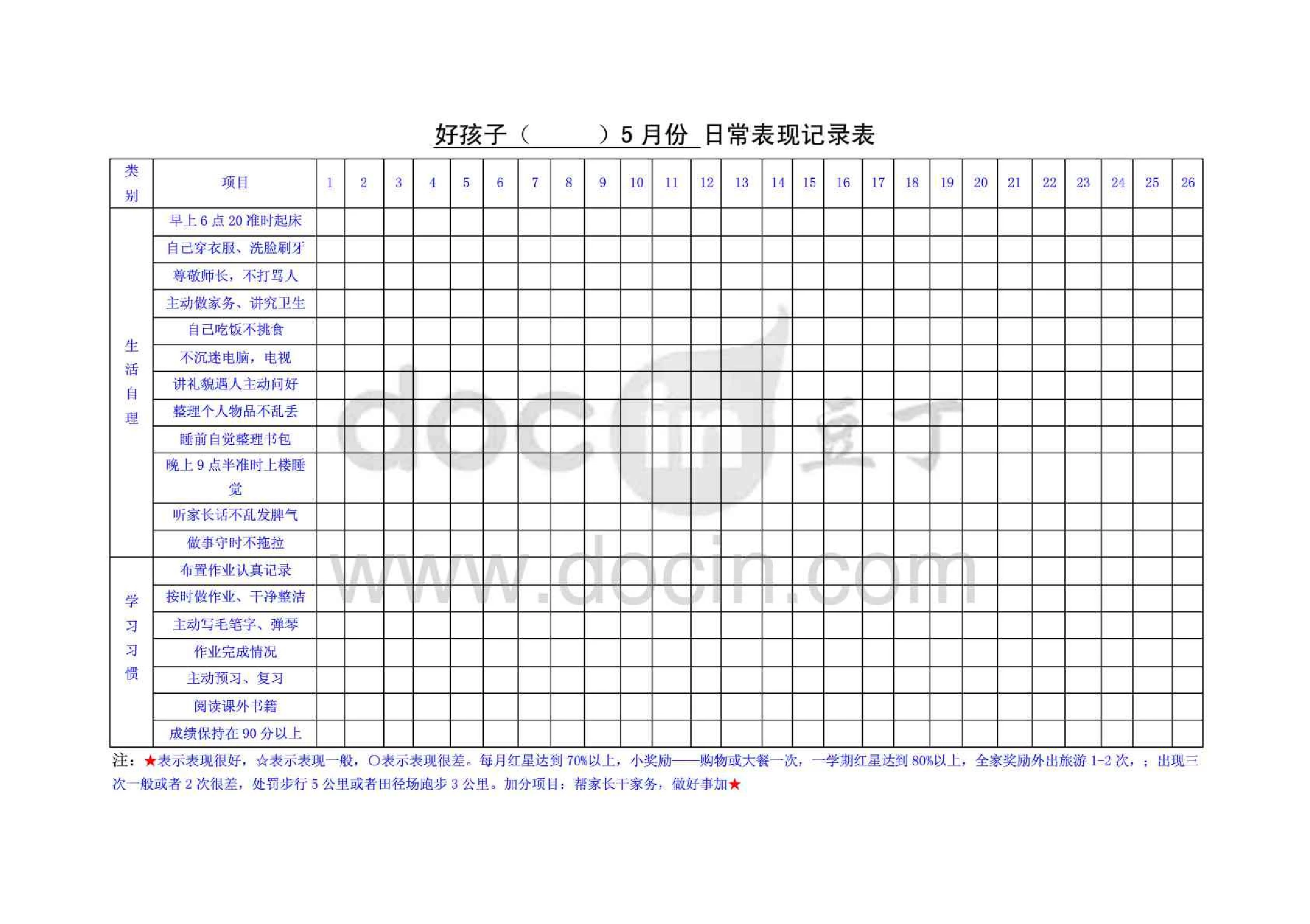 好孩子日常表现记录表