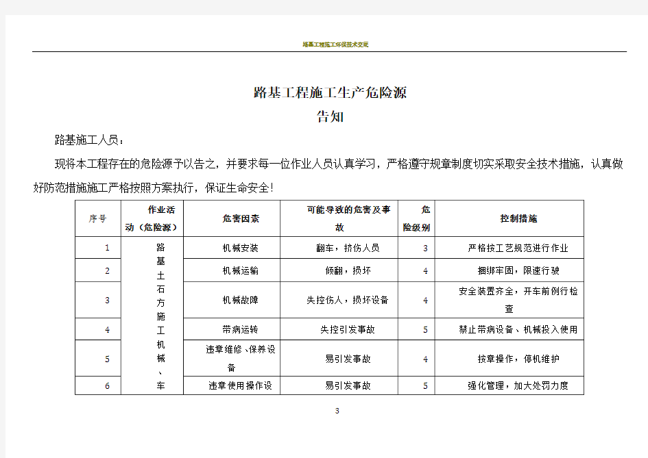 路基工程施工生产危险源全员告知书