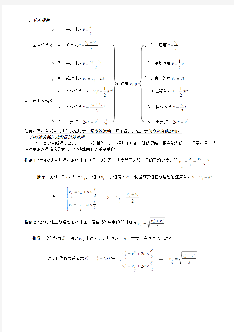 匀变速直线运动公式推论推导及规律总结