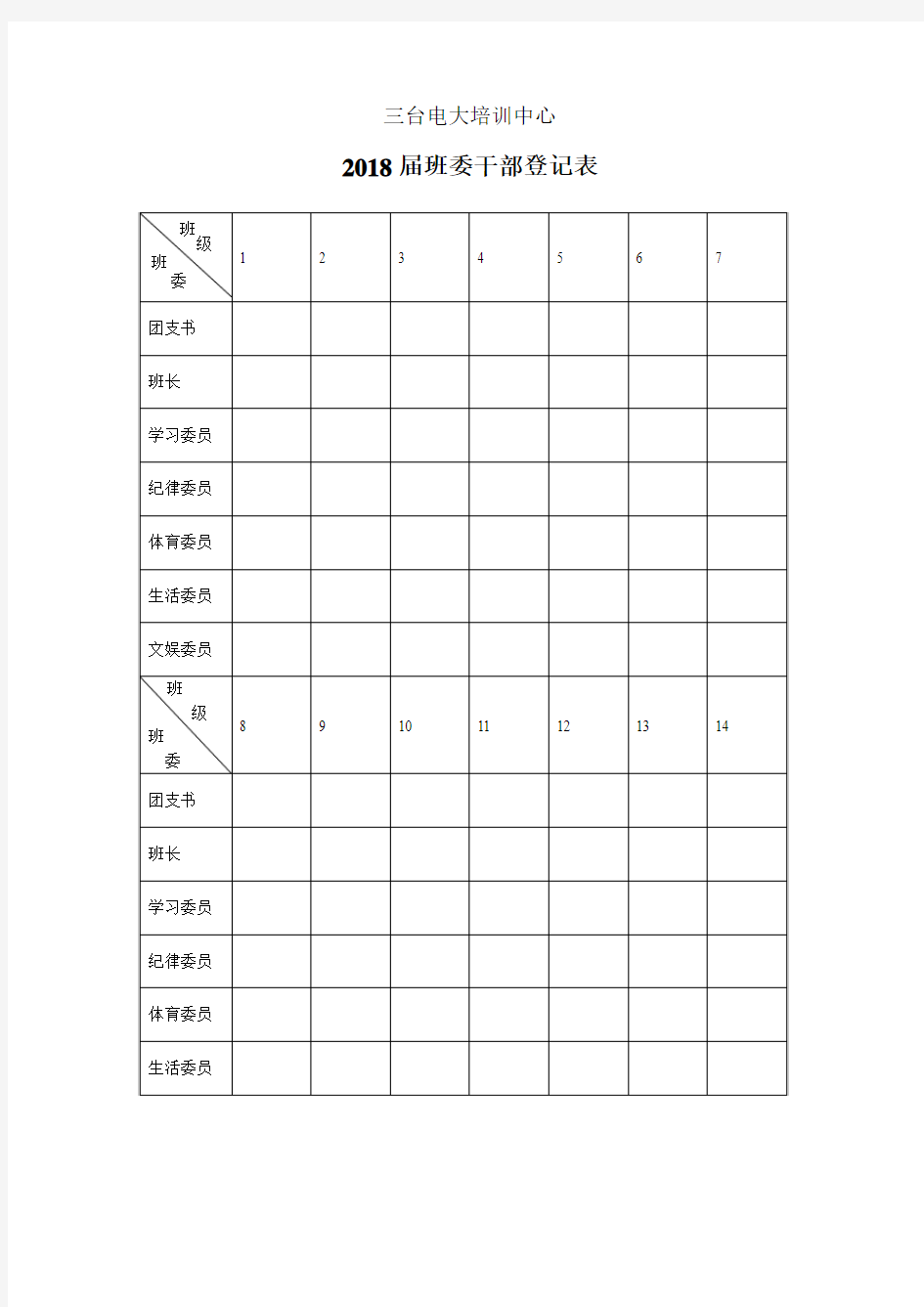 班委干部登记表(总表)