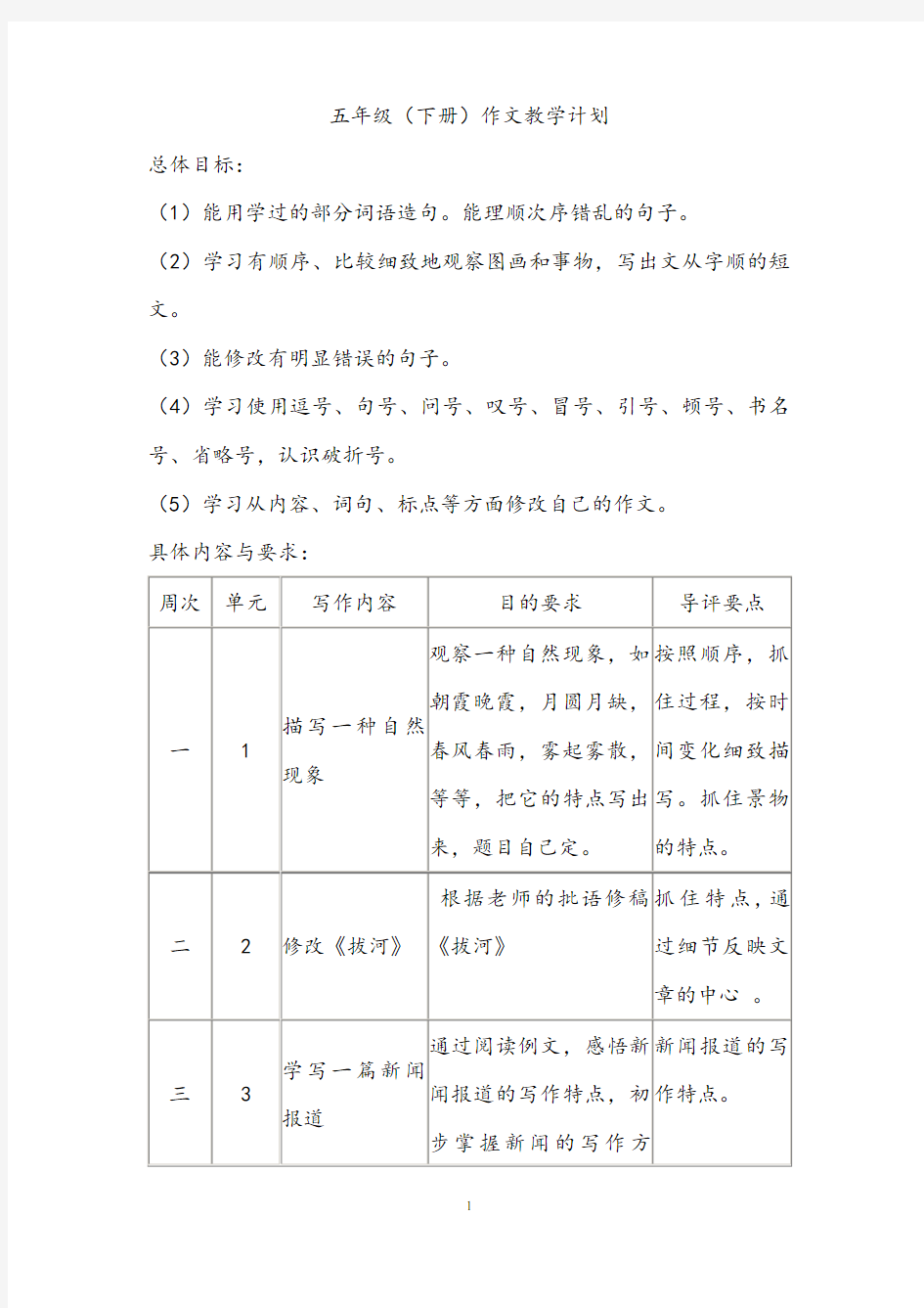 部编人教版小学五年级语文下册：作文教学计划