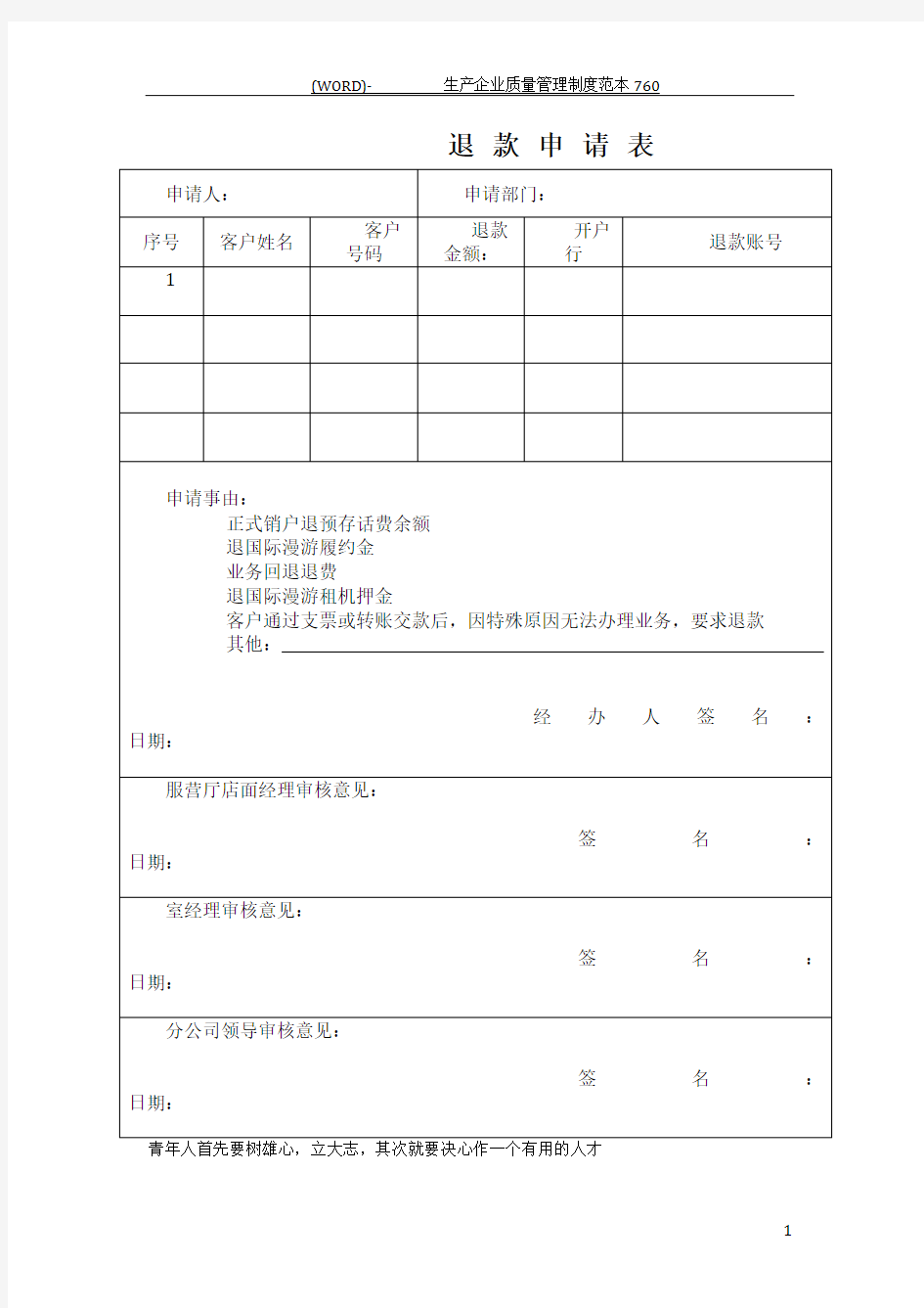 退款申请表(模版)