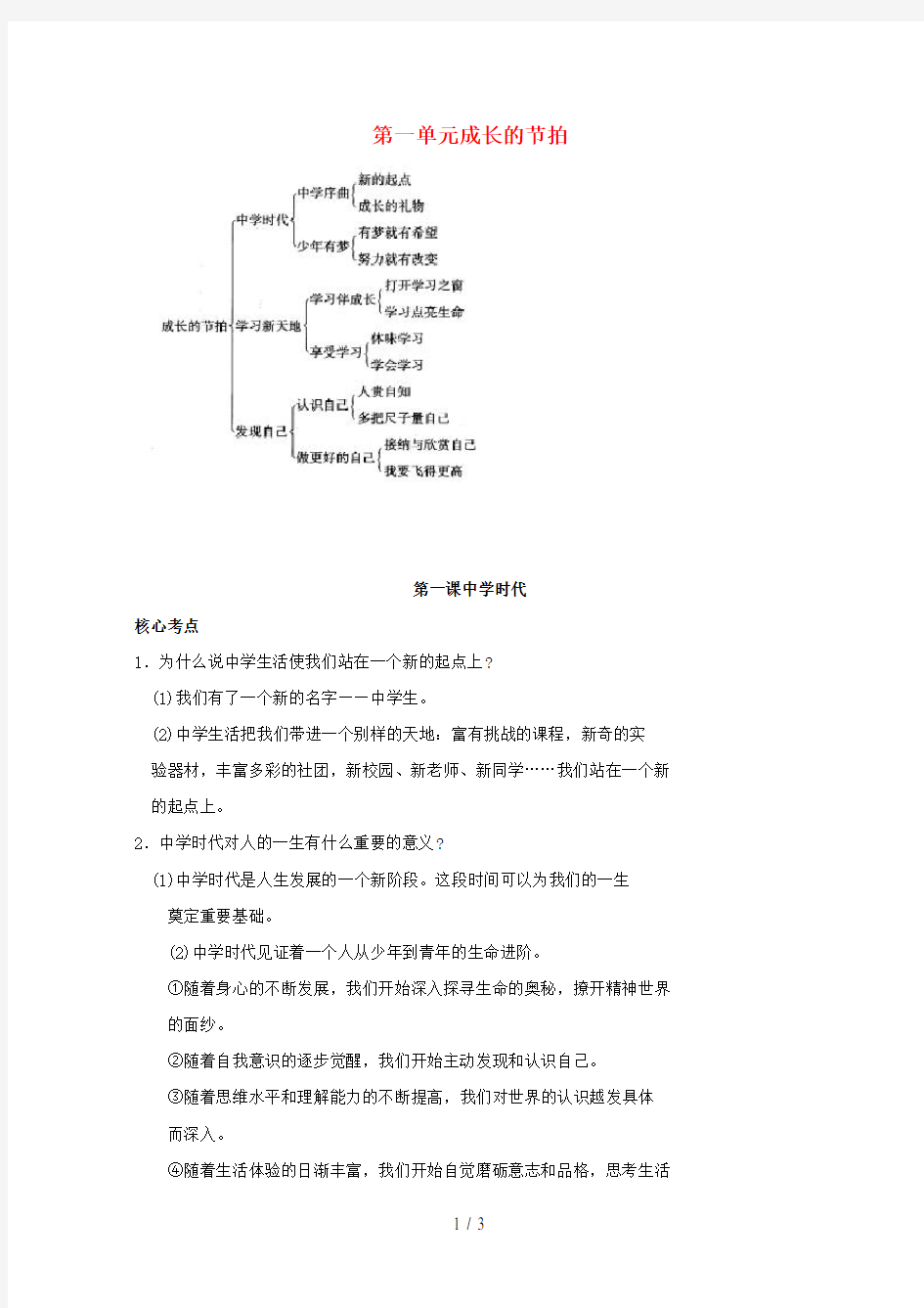 七年级政治上册第一课中学时代考点汇总新人教版(道德与法治)