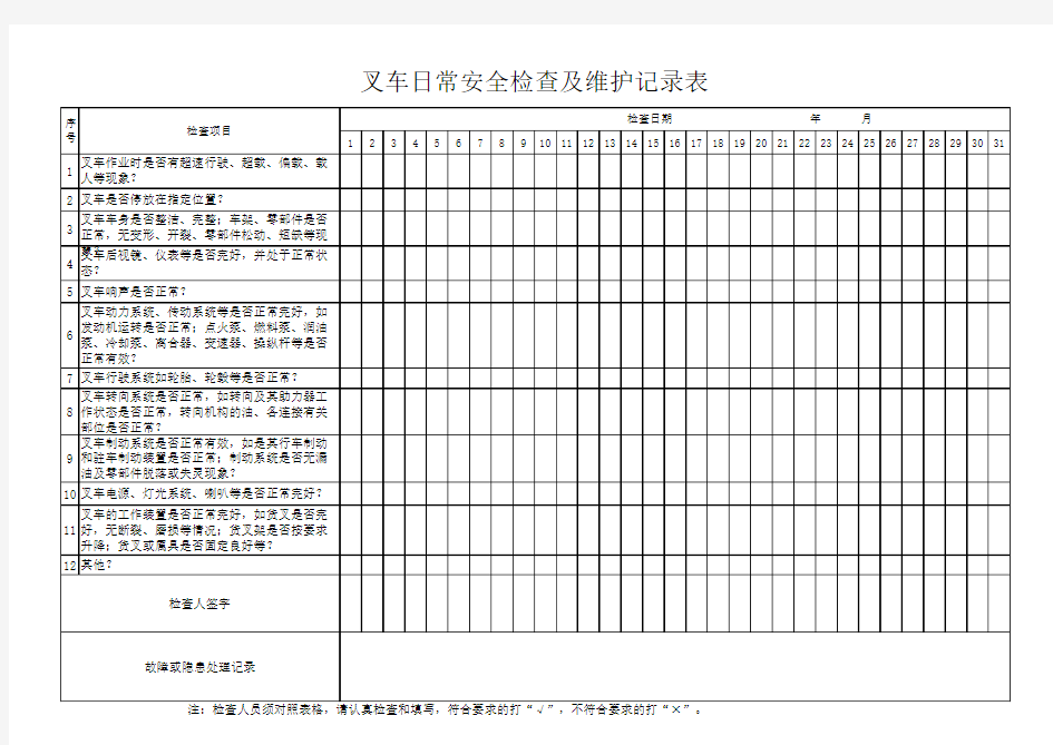 叉车日常安全检查表