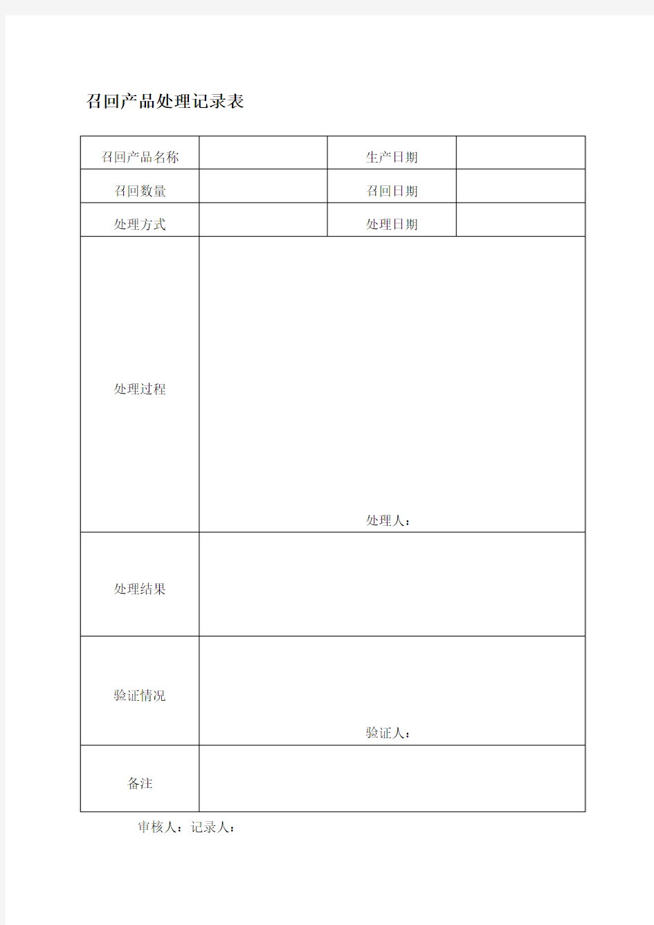 召回产品处理记录表