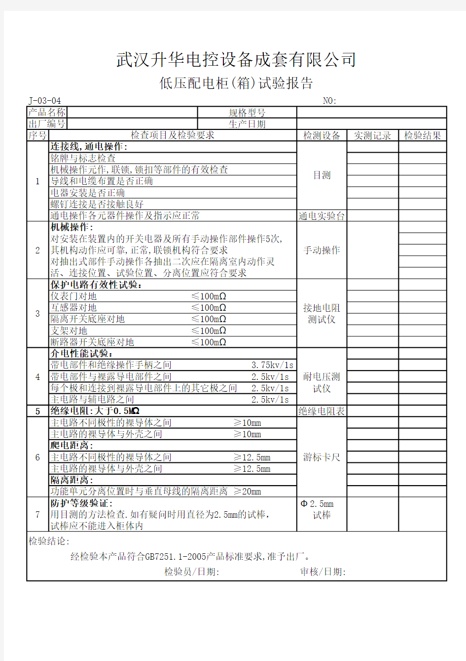 低压配电柜(箱)试验报告