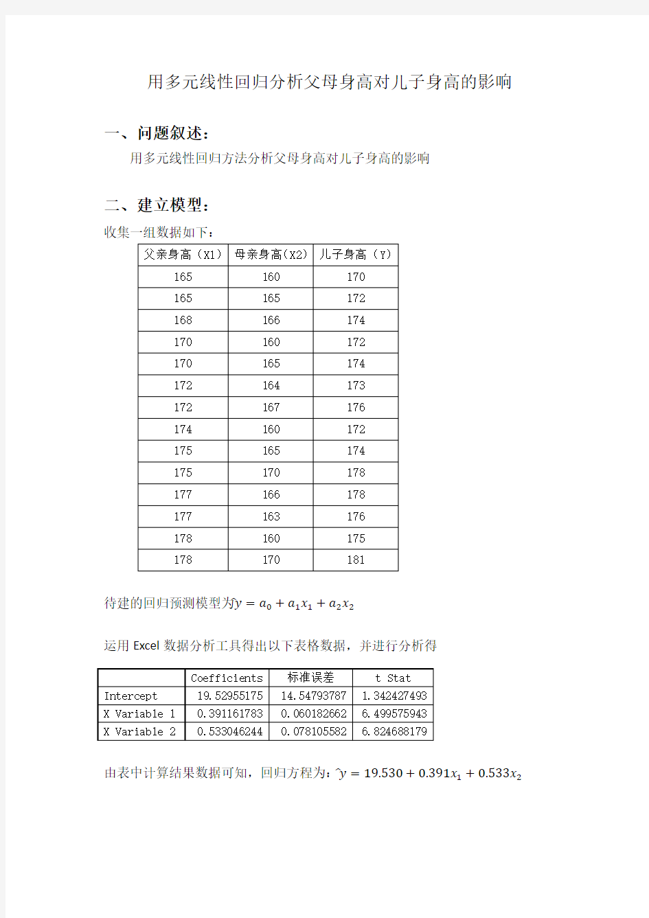 用多元线性回归分析父母身高对儿子身高的影响