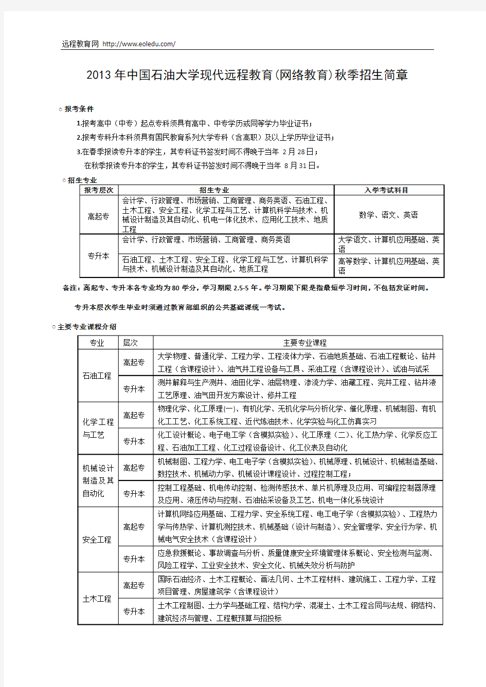 2013年中国石油大学现代远程教育(网络教育)秋季招生简章