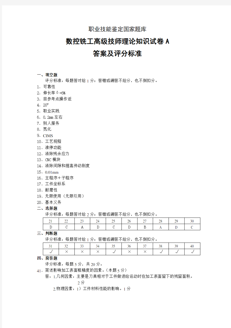 数控铣高级技师试题1答案