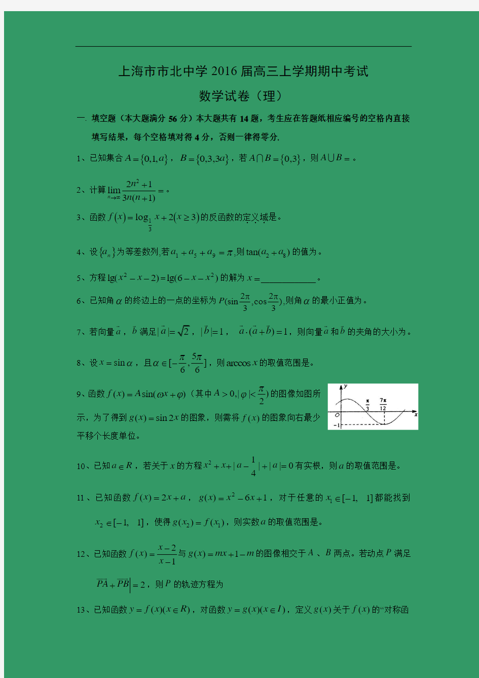 【数学】上海市静安区市北中学2016届高三上学期期中考试(理)