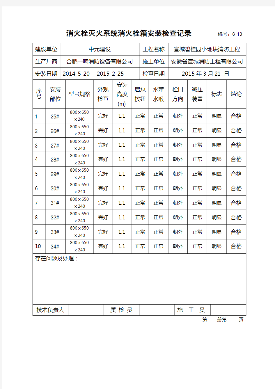 消火栓灭火系统消火栓箱安装检查记录