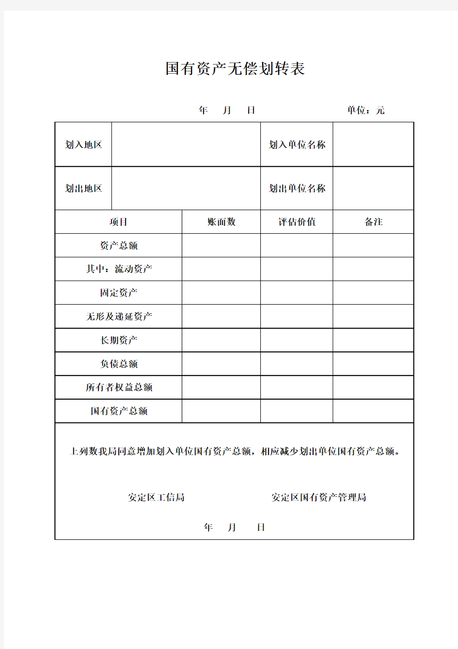 国有资产无偿划转表