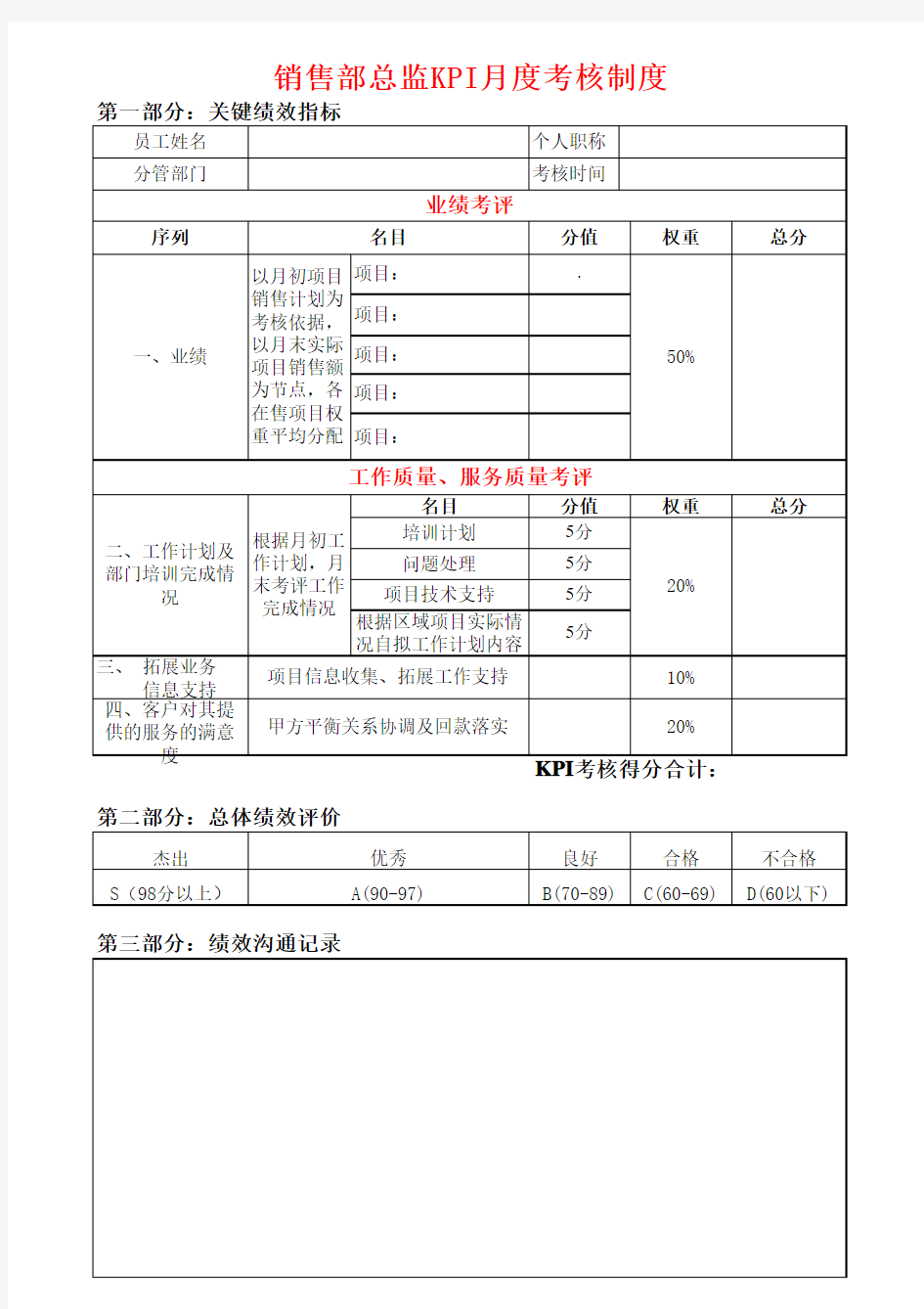 销售部KPI月度绩效考核表