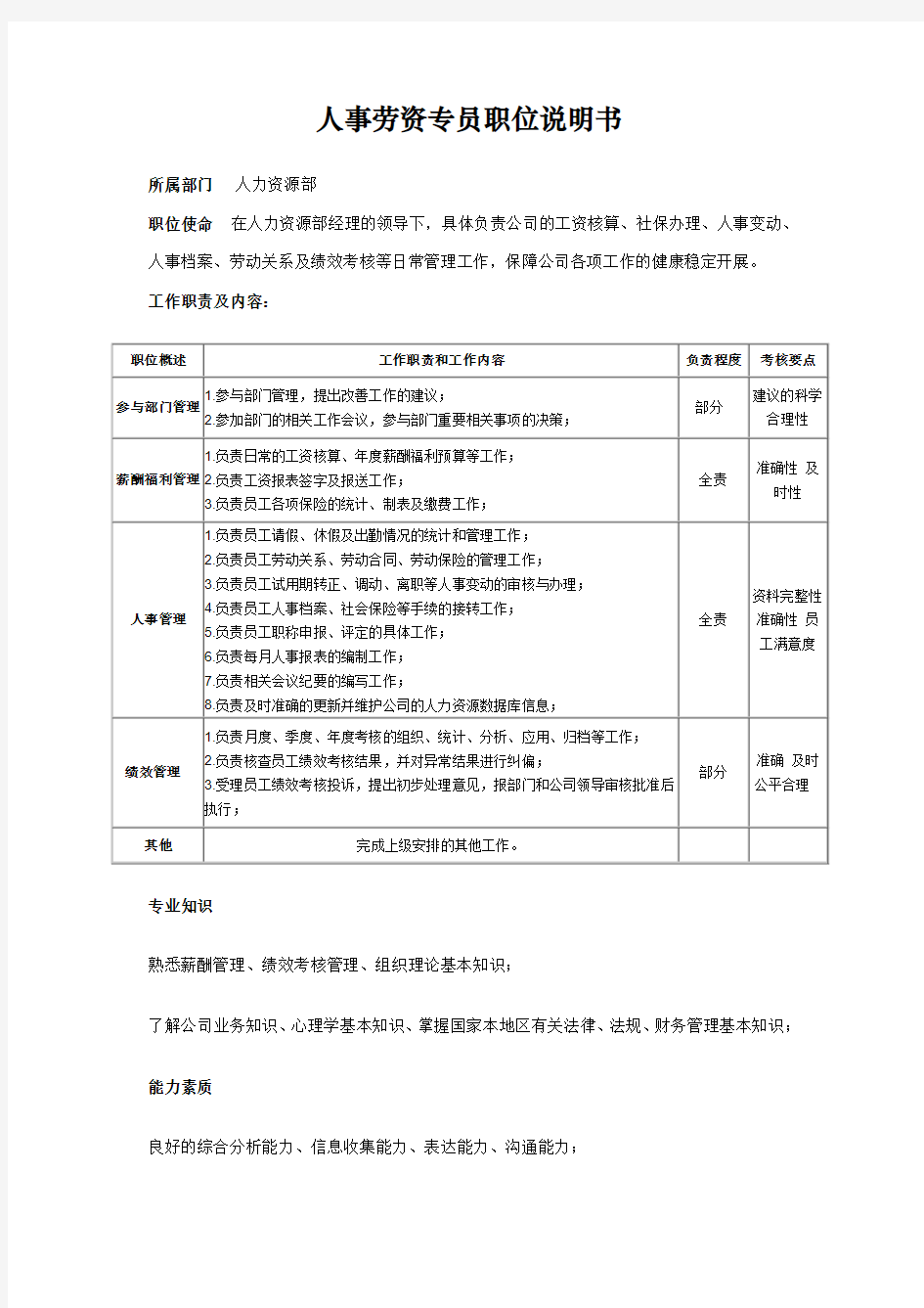 人力资源部人事劳资专员岗位职责