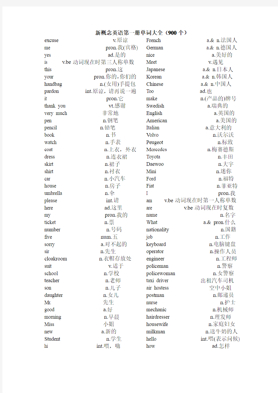 新概念英语第一册单词大全(记忆版)