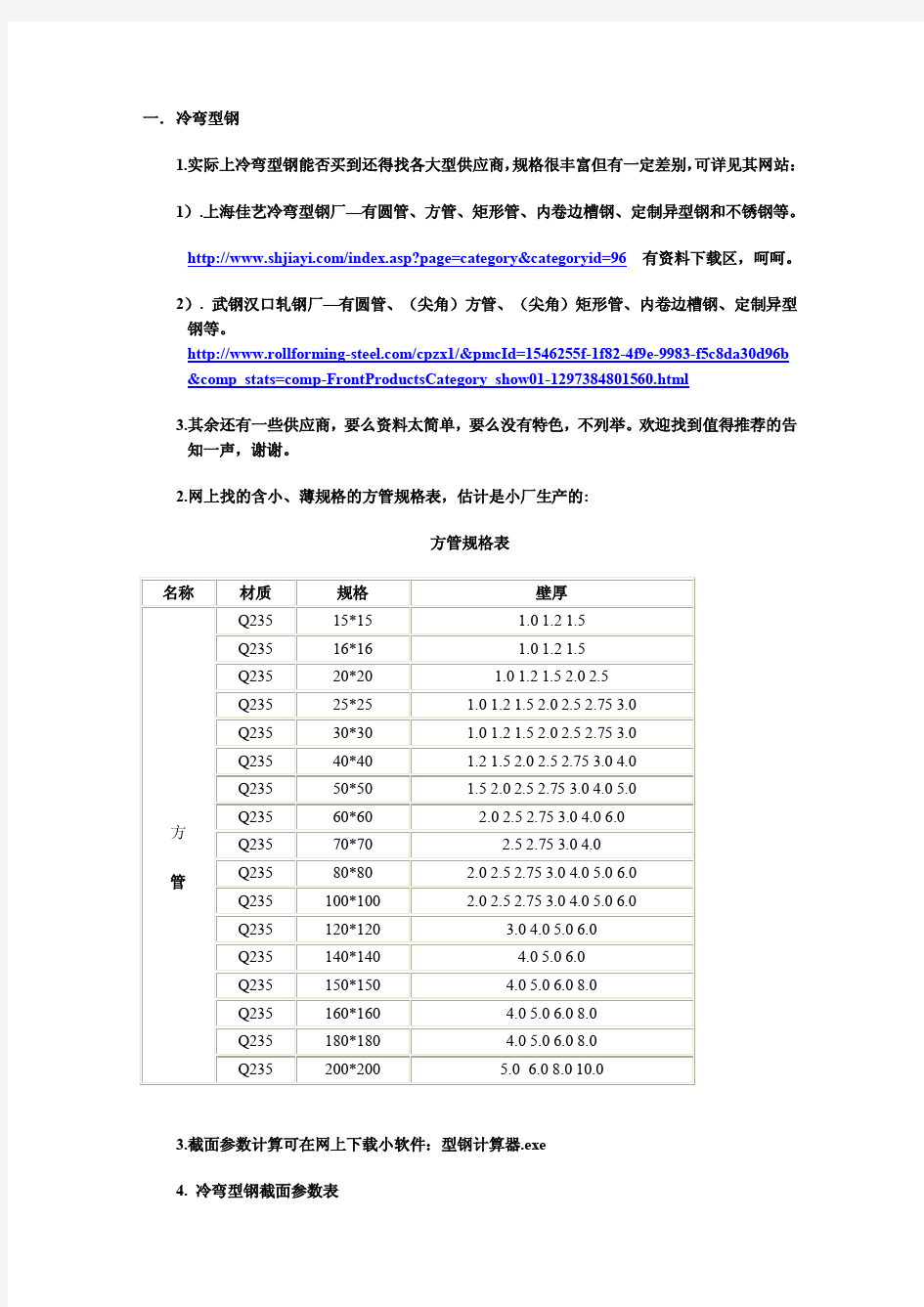 常用型钢规格表大全