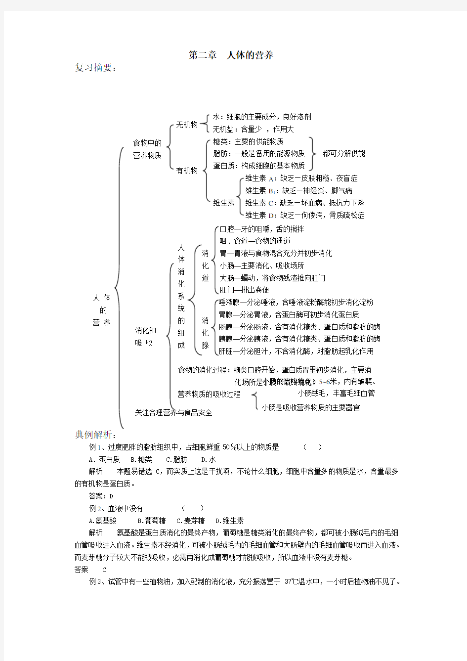 七年级生物人体的营养练习题