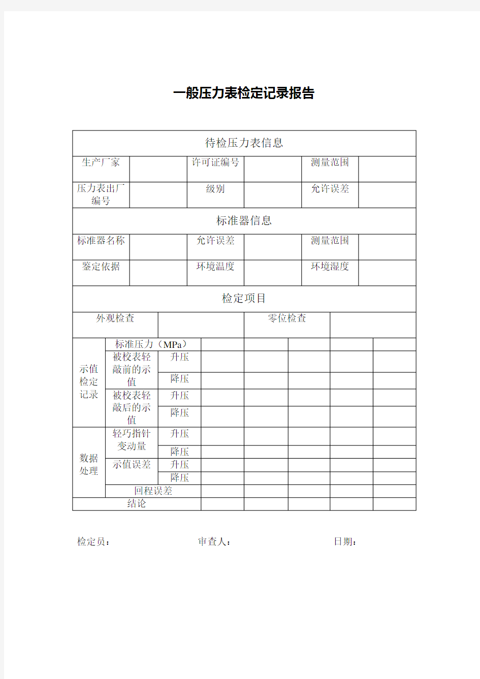 一般压力表检定记录表