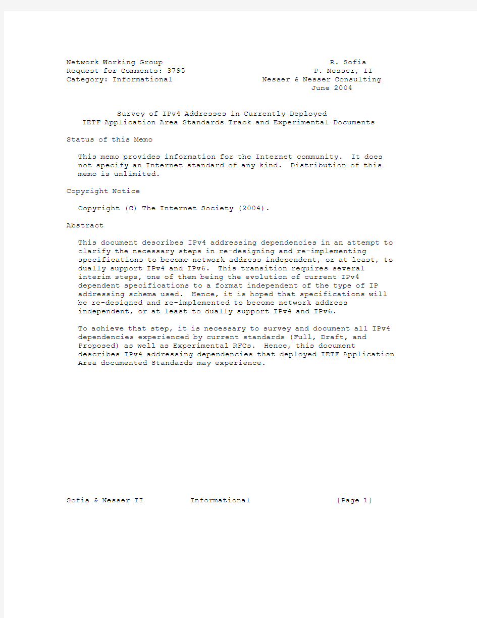 rfc3795.Survey of IPv4 Addresses in Currently Deployed IETF Application Area Standards Track and Exp