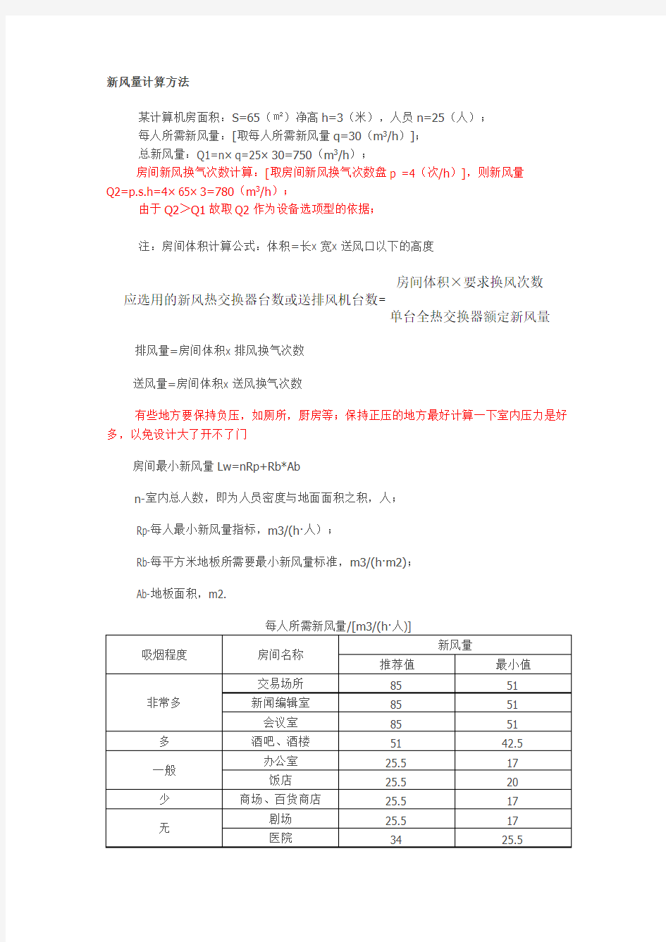 新风量计算方法