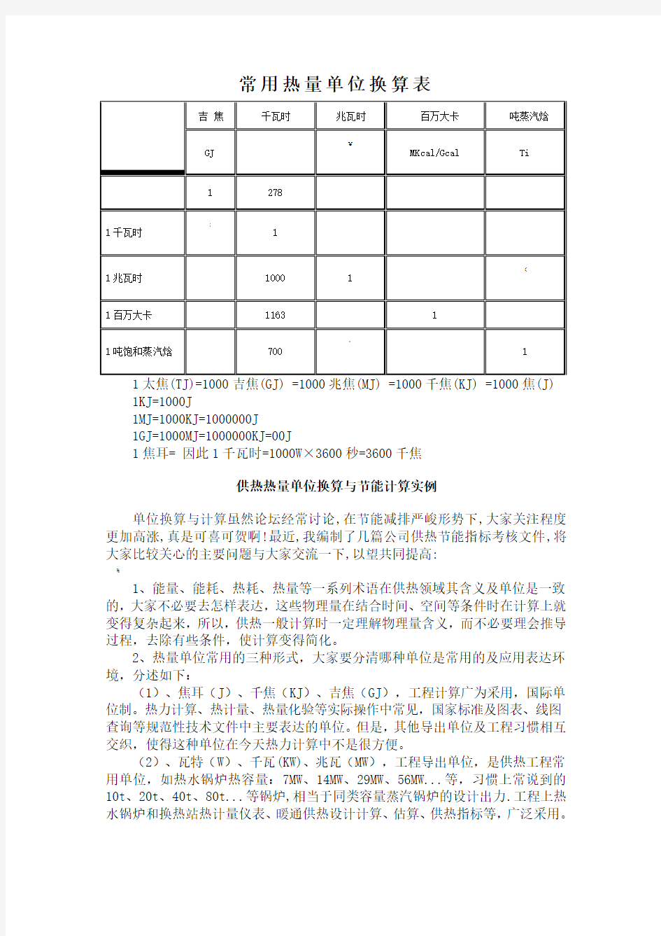 常用热量单位换算表