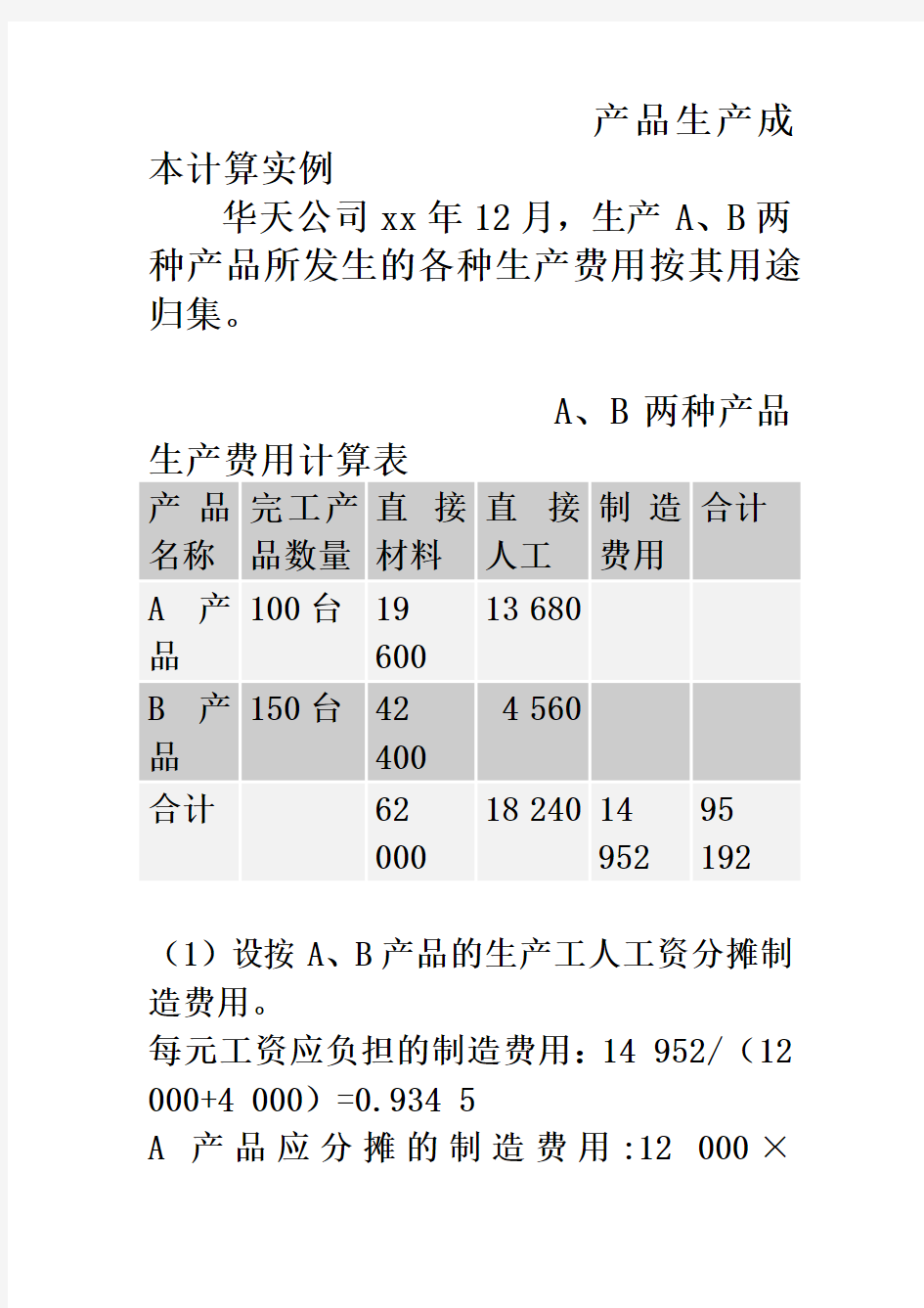 产品生产成本计算实例