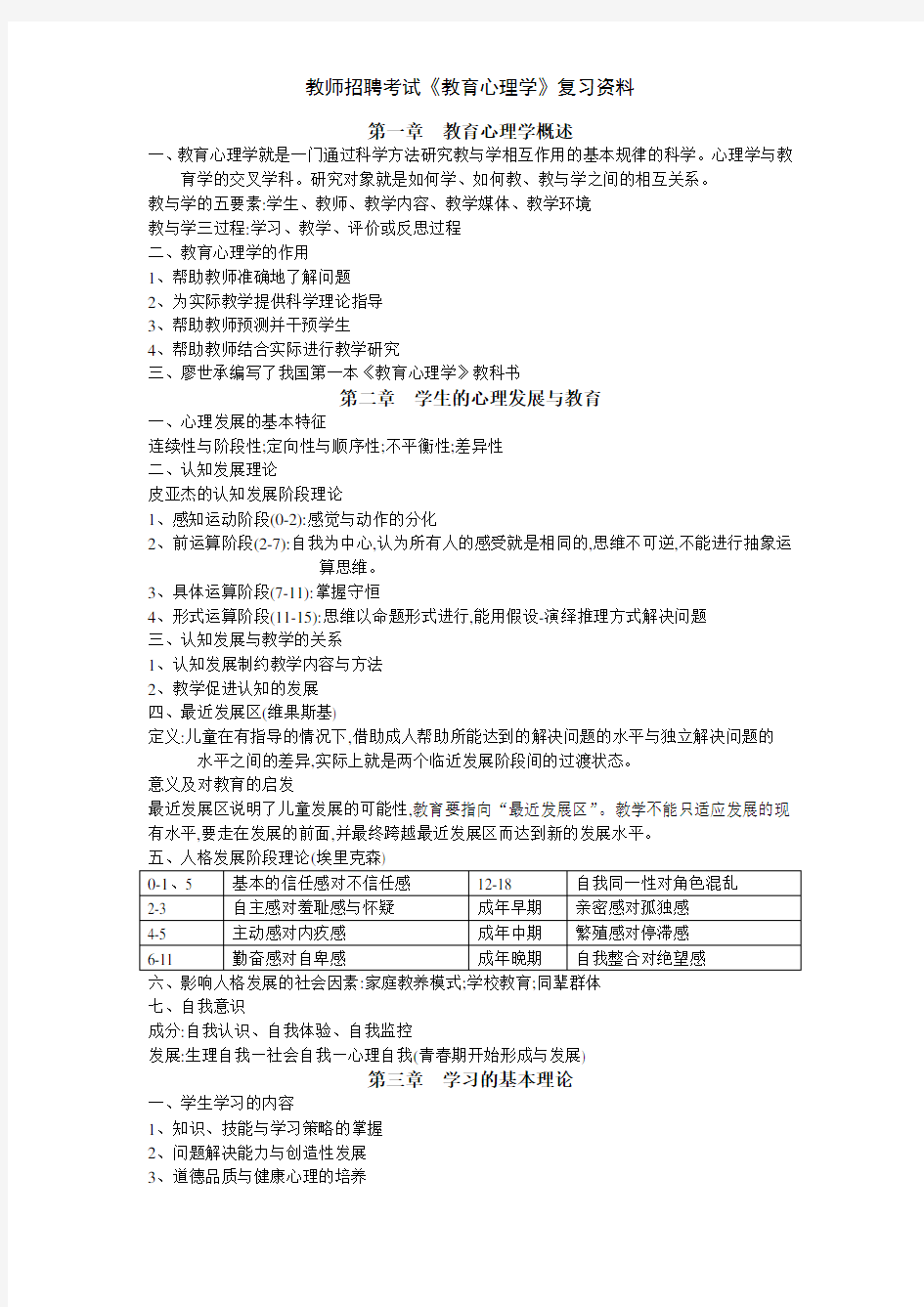 教师招聘考试《教育心理学》复习资料