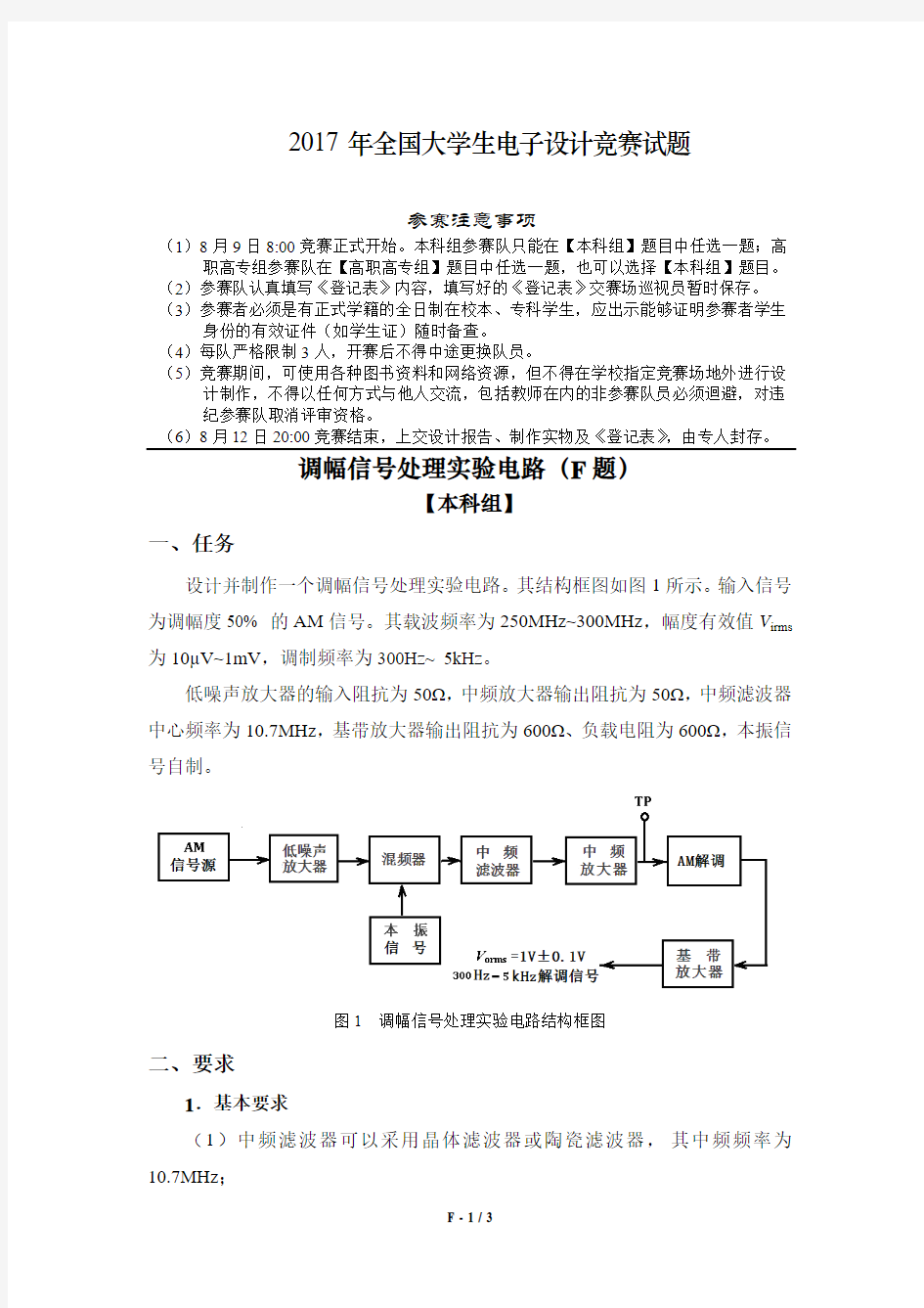 2017 年全国大学生电子设计竞赛试题-调幅信号处理实验电路(F题)