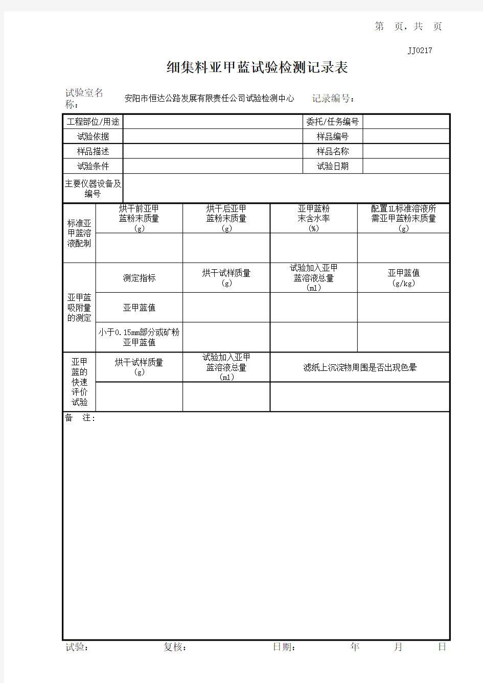 细集料亚甲蓝试验记录表