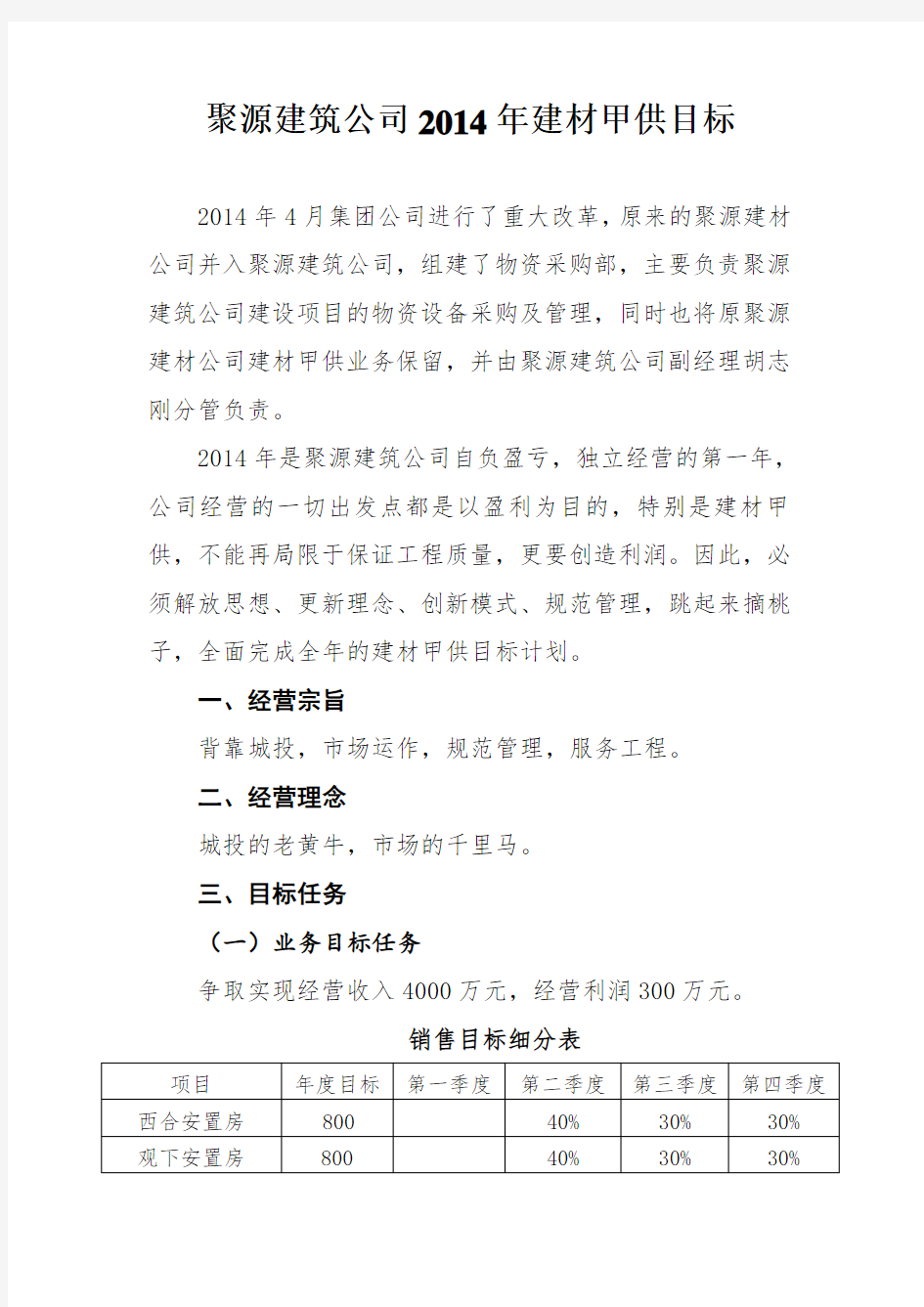 建材公司2012年经营目标计划