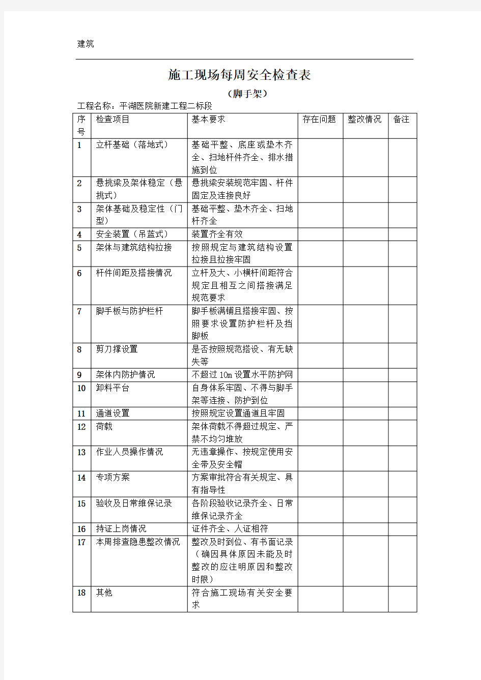 施工现场每周安全检查表