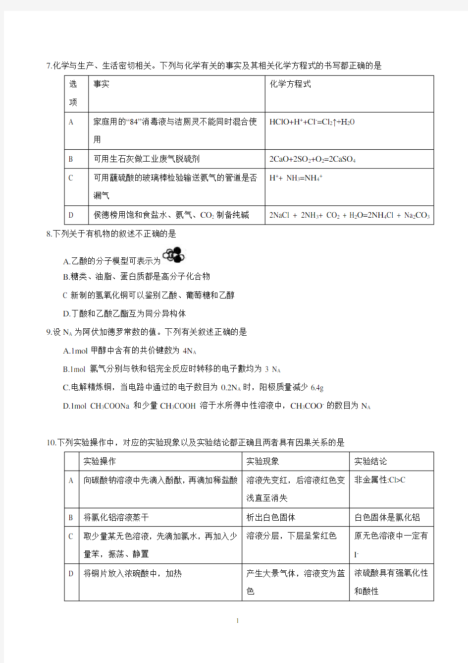 2021高三模拟考试理科综合试题