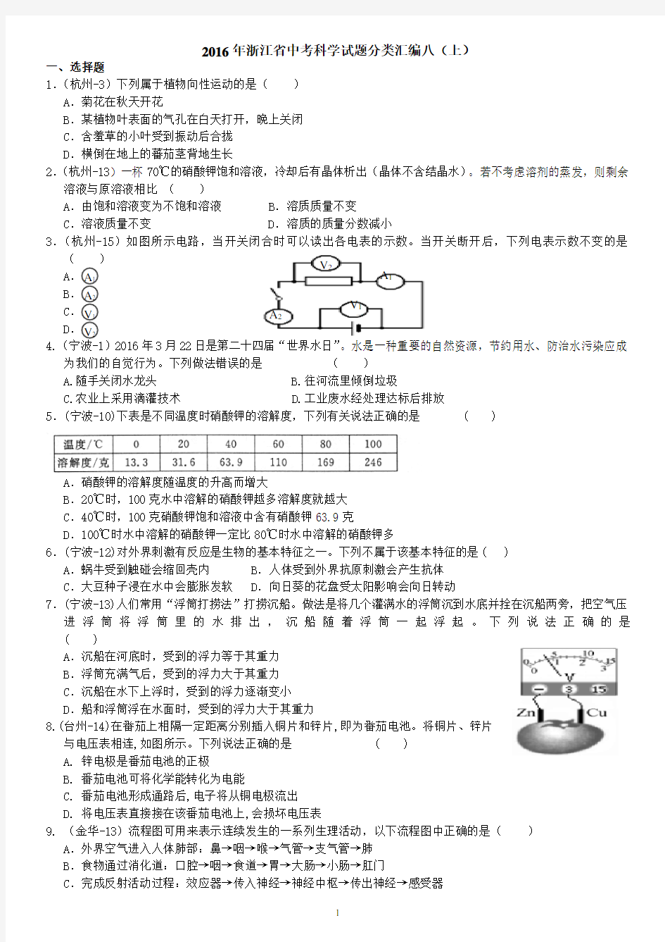 2016浙江省中考科学试题汇编