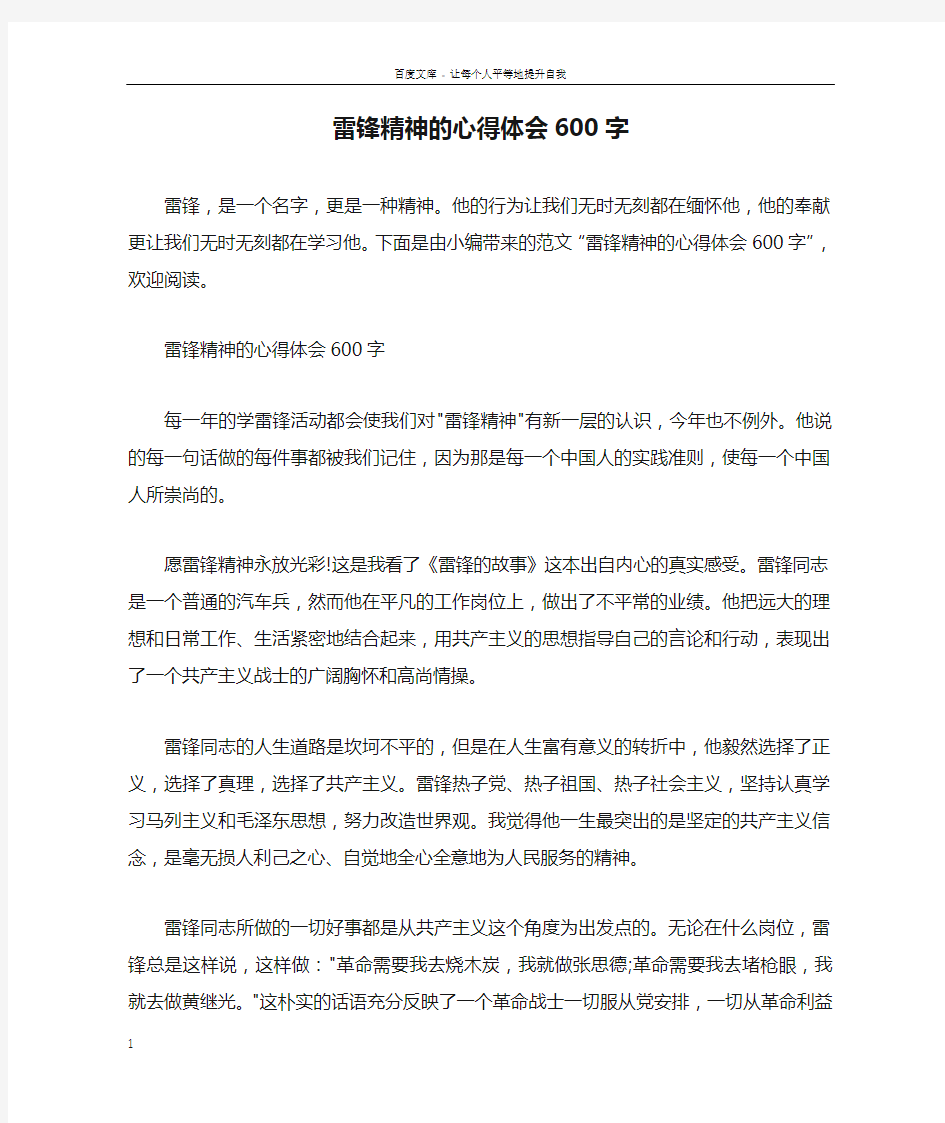 雷锋精神的心得体会600字