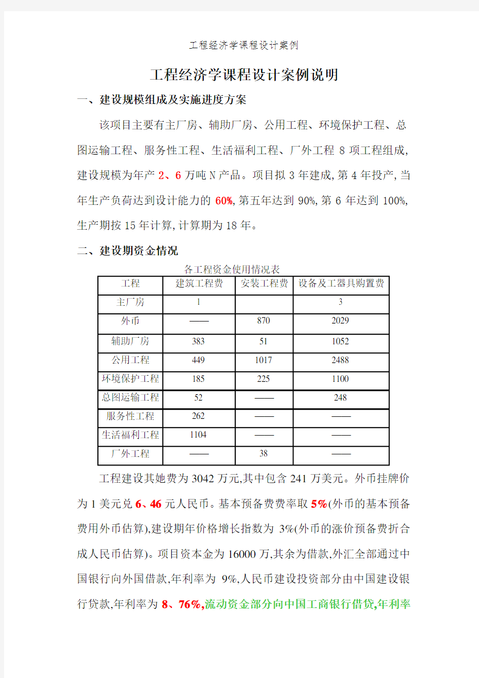 工程经济学课程设计案例