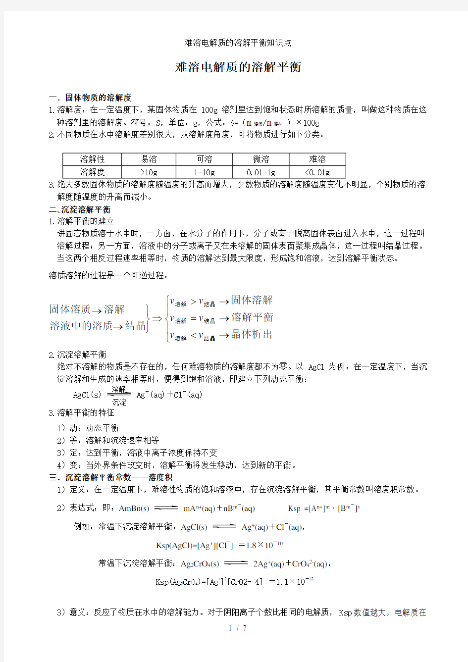 难溶电解质的溶解平衡知识点