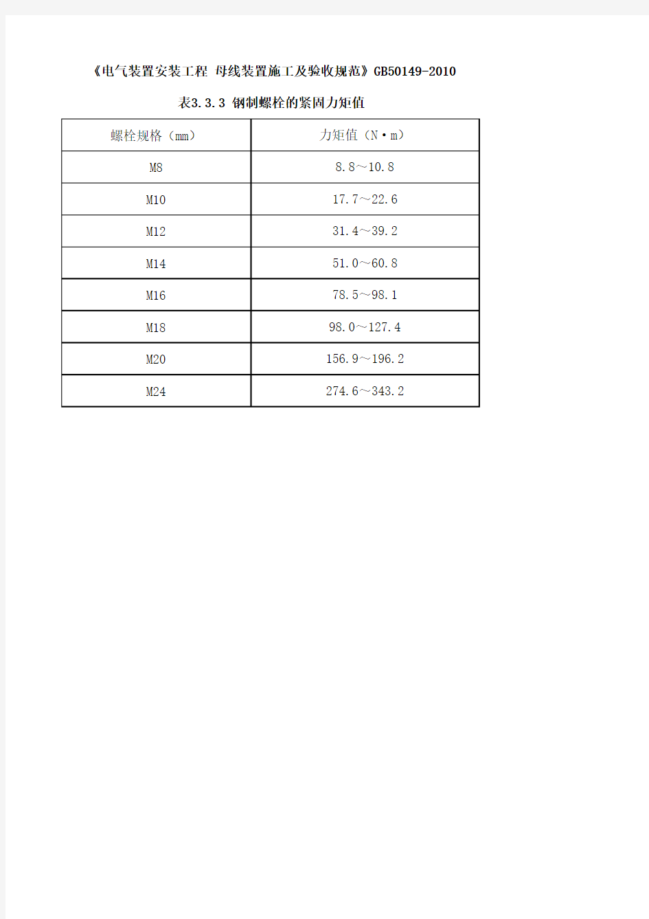 《电气装置安装工程 母线装置施工及验收规范》-GB50149-2010-表3.3.3