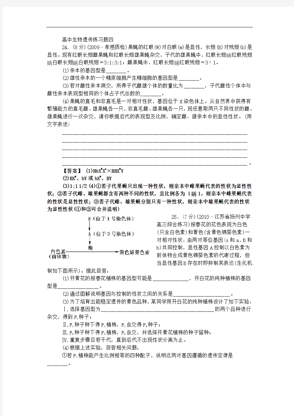 高中生物遗传练习题四