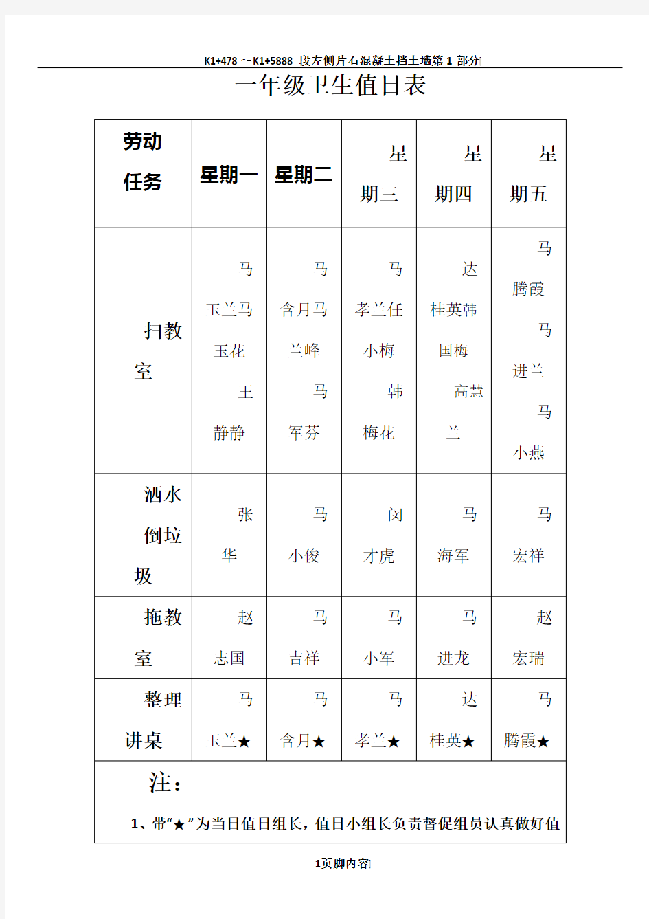 一年级卫生值日表