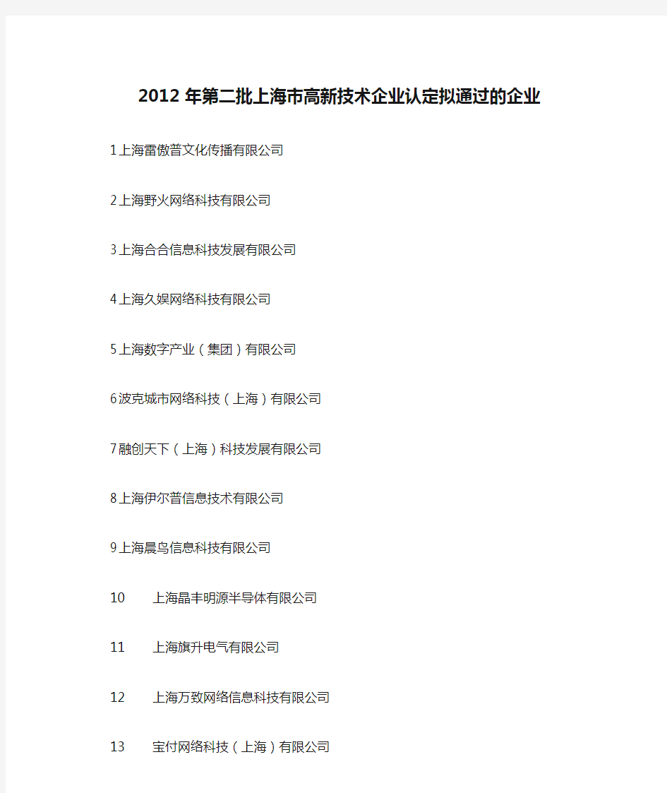 2012 年第二批上海市高新技术企业认定拟通过的企业