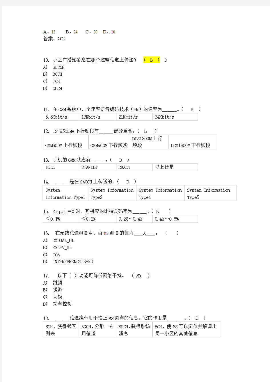 江苏省移动公司第三方网络优化认证考试题库(含答案)-1