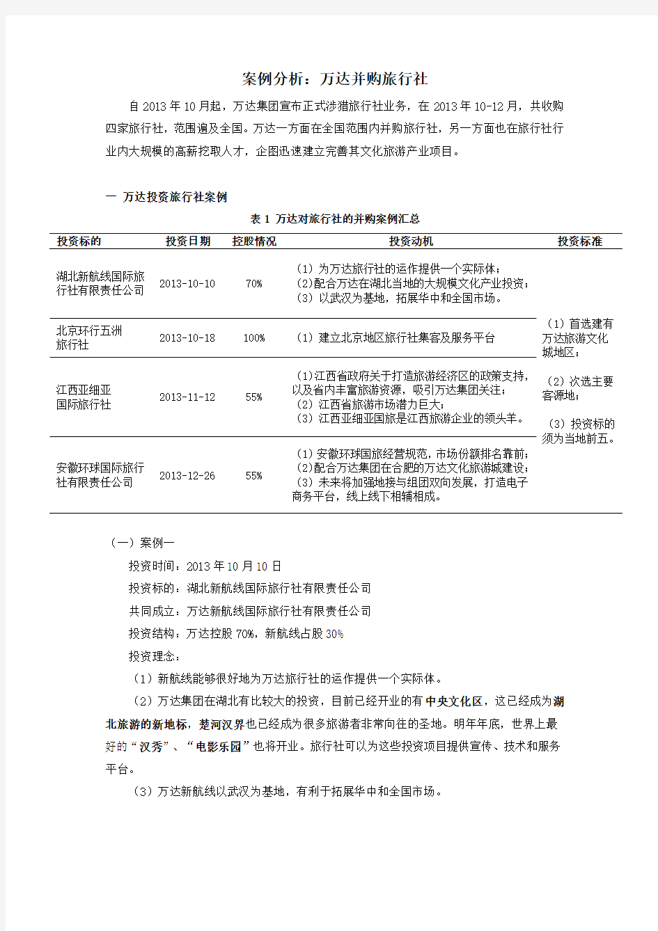 案例分析：万达并购旅行社