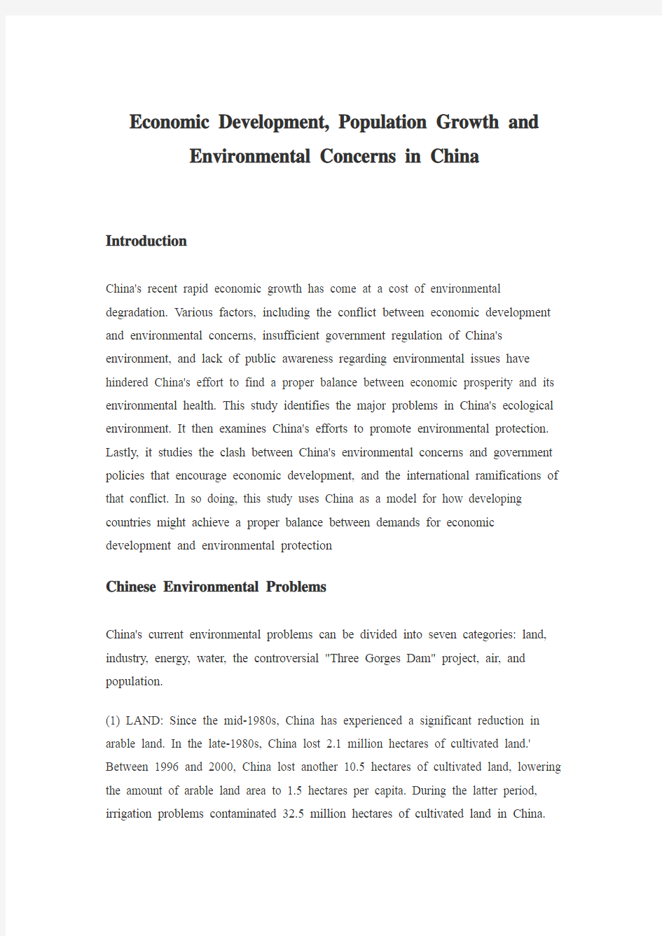 Economic Development,Population Growth and Environment Degredation in China